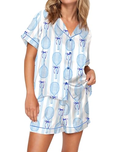 Image of SHESHOW Pajamas for Women Set Satin Button Down Short Sleeve Top and Shorts Pjs Sets Sport Ball Print Sleepwear XS-XXL