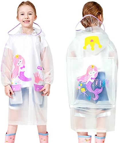 Kids Rain Coat for Girls Boys Cartoon Mermaid Toddler Rain Wear Children Transparent Raincoat Jacket Poncho 4XL Size 13-14 Years