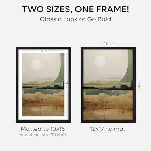 Image of Homeforia 12x17 Black Oak Picture Frame, High-End Wood, 10x15 Mat, Glass | High End Solid Oak Wood, Tempered Glass, Acid-Free 10x15 Removable Mat, 12x17 Edge-to-Edge Display 17x12, Wall Kit, Set Of 1