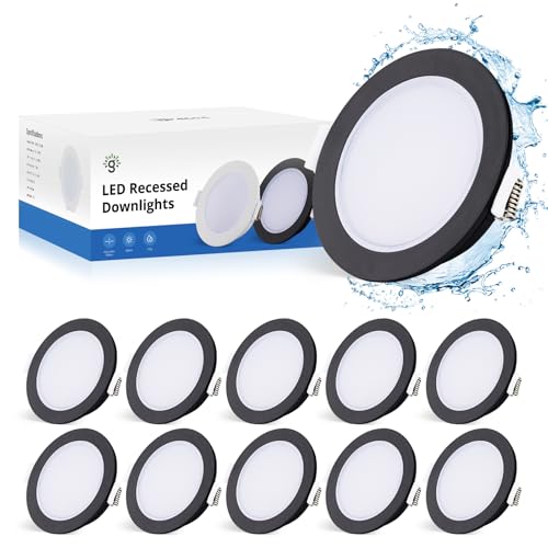 Gr4tec Spot LED Encastrable Noir Extra Plat, 10 x 5W Spot Salle de Bain IP65, Spot Encastré 4000K Blanc Neutre 400lm, Plafonnier Encastrable Trou 68-80mm,...