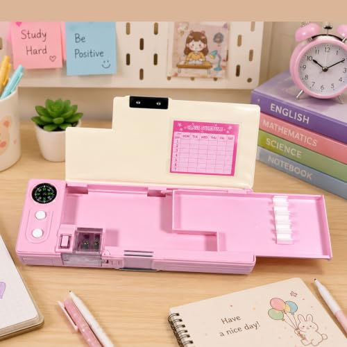 Image of ZAFCO Magnetic Pencil Box for Kids with Pop-Up Tray Built-in Compass Sharpener Spacious Storage Plastic Pencil Case for Boys Girls School Students- Pack of 1 (Pink)