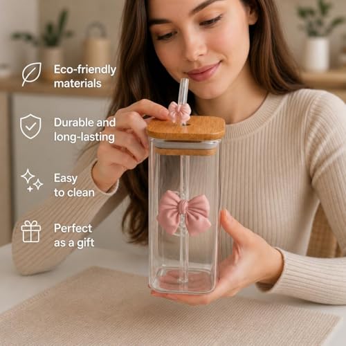 Image of FUNKYFINDS 1 Set Coquette Pink Bow Glass Cup with Bamboo Lid and Bow Straw for Women, Coquette Drinking Tumbler Bow Square Cup for Girlfriend Besties Women Bithday Gifts, Party Favors