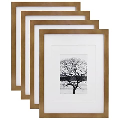 Egofine 11x14 Picture Frames 4 Pack Display Pictures 5x7/8x10 with Mat or 11x14 Without Mat Made of Solid Wood Covered by Plexiglass for Table Top Display and Wall Mounting Photo Frame, Light Brown Cover