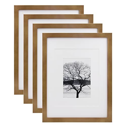 Egofine 11×14 Picture Frames 4 Pack Display Pictures 5×7/8×10 with Mat or 11×14 Without Mat Made of Solid Wood Covered by Plexiglass for Table Top Display and Wall Mounting Photo Frame, Light Brown