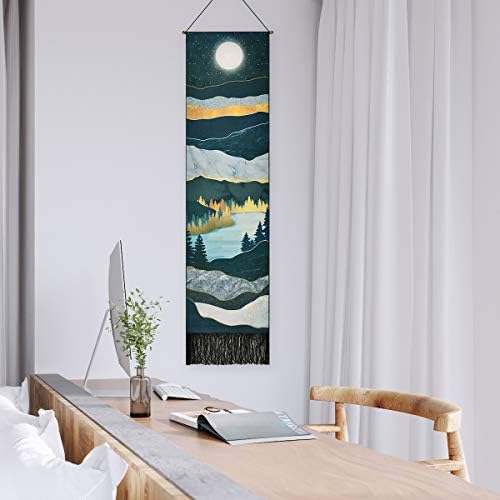 Sunm Boutique Mountain Tapestry Moon Starry Night Sky Tapestries Forest Tree Lake Tapestry Nature Landscape Tapestry for Room (Navy Blue, 32.5X135cm)