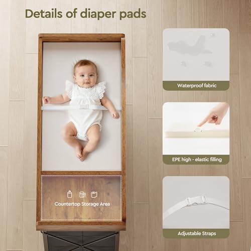 Image of YeTom Changing Table, 6-Drawer Dresser, Adjustable Shelves, Rustic Brown | Changing Table Dresser, Waterproof Diaper pad & Safety Strap, 6 drawers, Adjustable shelves, Mobile Nursery Organizer