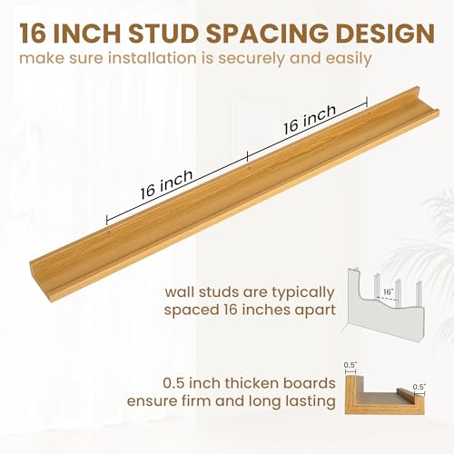 Picture Ledge Shelf, Floating Shelves 48 Inches Long, Oak Picture Shelf for Wall with Ledge, Rustic Floating Shelves with Lip, Wall Display Shelves for Pictures Album Records Collections Arts - Thumbnail 3
