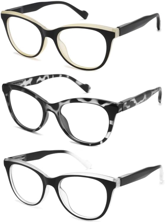 3-Pack Blue Light Blocking Reading Glasses for Women Spring Hinge, Full Frame Cat Eye Readers