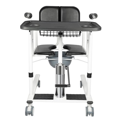 Hydraulic Patient Lift Transfer Chair for Home Portable Bedside Commode Wheelchair Transfer Aid for Elderly, Adjustable Height, 180°Split Seat, 150KG Capacity (Black)