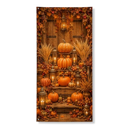 Cubiertas decorativas para puerta de calabazas, farol tradicional rústico, follaje naranja otoñal con cuerda, letrero de puerta delantera, decoración del hogar para porche, entrada, fiesta interior y
