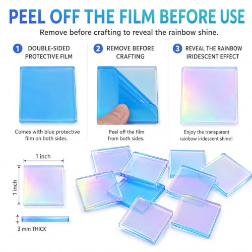 Image of TOEPODO 100pcs Mini Iridescent Holographic Acrylic Squares 1 inchx1 inch,1 /8 inch Thickness, Transparent Rainbow Cast Acrylic Sheets Plexiglass Sheets for DIY Crafts, Art Deco, Light & Shadow Artwork /Home Deco