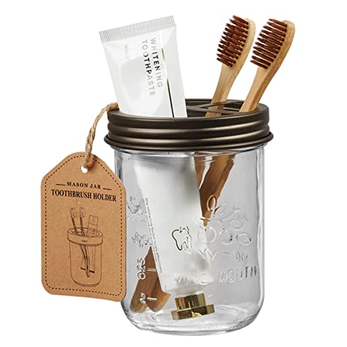 Mason Jar Bathroom Accessories Set 4 Pack - Foaming Soap Dispenser&2 Qtip Holders&Toothbrush Holder-Rustic Farmhouse Decor Bathroom Organizer Apothecary Jar Country Countertop (Bronze) #TOP4