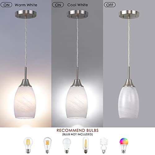 Mini Glass Pendant Light,With Handblown White Swirl Art Glass Adjustable Cord Brushed Nickel Finish Modern Hanging Pendant Light For Kitchen,Dining Room,Living #TOP2