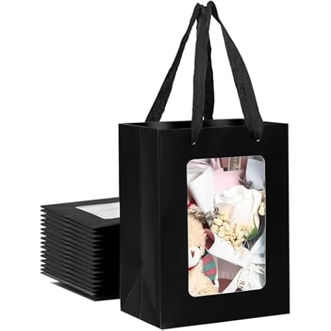 VAGREEZ 15 Pcs Paper Gift Bags with Transparent Window, Kraft Goodie Bags with Handles, Bulk Shopping Bags, Ideal for Halloween, Christmas, Birthday, Wedding, Party Favors, and Bulk Packaging, Black Cover