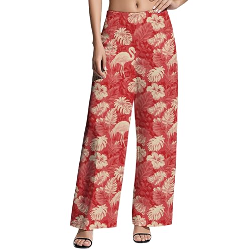 ZOCANIA Womens Summer Wide Leg Palazzo Pants Casual Elastic High Waisted Long Lounge Hawaiian Pant Trousers with Pockets