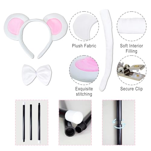 3 Set Mice Costume Accessories, Plush Mouse Ears & Tail Blind Cane Sunglasses Bow Tie Gloves for Women Family Halloween Party, White, Standard - Image 2