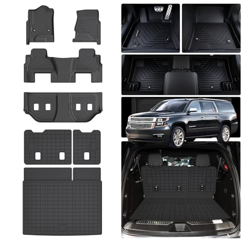 MJBYMAT Floor Mats for 2015-2020 Chevy Chevrolet Suburban/GMC Yukon XL 7 Seats (Not for Yukon) (2nd Row Bucket Seats) & Cargo Mat & Backrest Mat TPE All Weather Protection Full Set Accessories