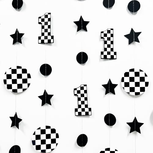 Image of Fast One Birthday Decorations Black White Checkered Polka Dot Star Hanging Garland Banner for Checkered Race Car First Lap Around the Track Bday Talladega Nights 1st Birthday Decorations Supplies