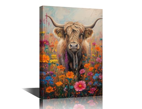 Toile murale fleurs et vache cadre léger prêt à suspendre sans effort