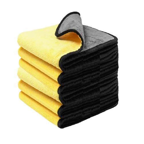 Image of Auto Hub Heavy Microfiber Cloth for Car Cleaning and Detailing, Double Sided, Extra Thick Plush Microfiber Towel Lint-Free, 800 GSM (Size 40cm x 40cm) /Pack of 6, Color: Yellow