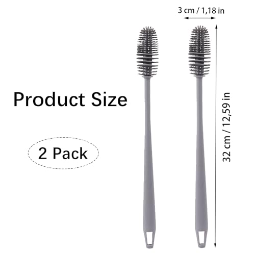 Flaschenbürste aus Silikon mit langem Griff, Reinigungsbürste für Küchengeräte, Bürsten, Spülbürste, Flaschenbürste, Gläserbürste, für Flaschen, Isolierkannen, Vasen und Glaswaren, Grau (2er Pack)