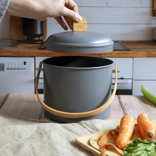 Seau à compost élégant PEBBLY en acier résistant avec anse en bambou
