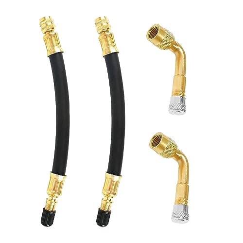 90 Degree Universal Tire Valve Extension Set - 4 Pcs with Rubber Adaptors and Caps for Bikes, Cars, and Trucks