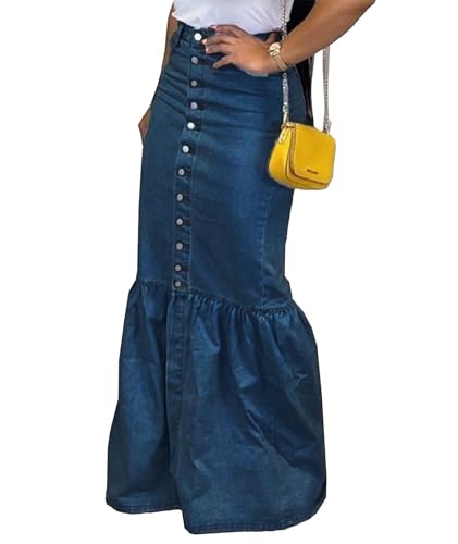 SEMATOMALA Women's Button Down Denim Ruffle Maxi Dress Packaged Hip Mermaid Elegant Long Fishtail Jeans Blue Skirt