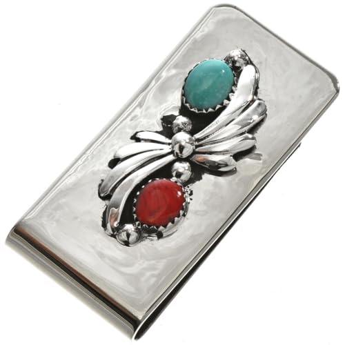 Navajo Turquoise Coral Silver Money Clip Native American Sterling Hammered Fan Design on Silver Clamp 3769