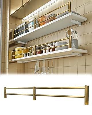 Elitix Kitchen Shelves Tipping Rail with Double Fence, Shelf Guardrail Bars 10 12 16 24 28 30 36 40 inch, Gold Gallery Rails for Bookcase(4 Pack,16in/40.6cm)