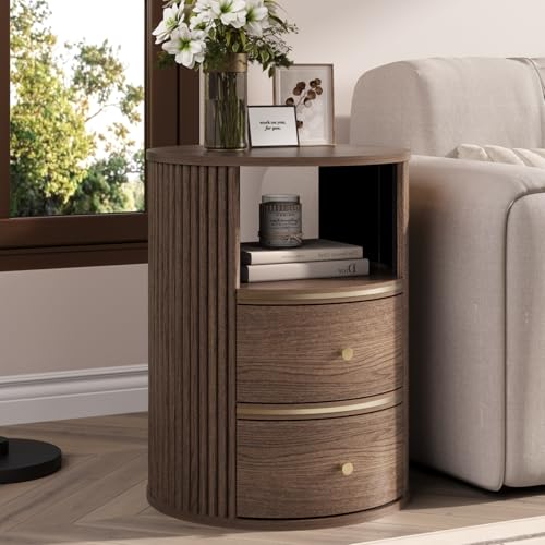 Image of JOINICE Walnut Round End Table with Storage, Open Shelf and 2 Drawers | 24 inch Tall Sofa Side Table, Mid Century Modern Nightstand for Living Room, Bedroom, Beside Sofa, Accent Piece, Easy Assembly