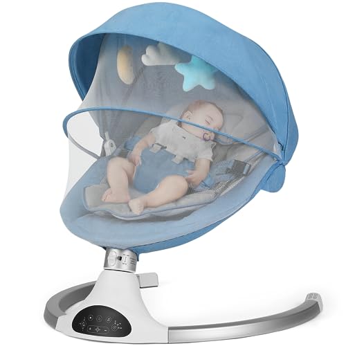 Image of Baby Swing for Infants, Baby Rocker with 5 Point Harness, 10 Preset Lullabies and 3 Speeds with Remote Control, Infant Swing for Baby Boy Girl Up to 20 lbs, Blue