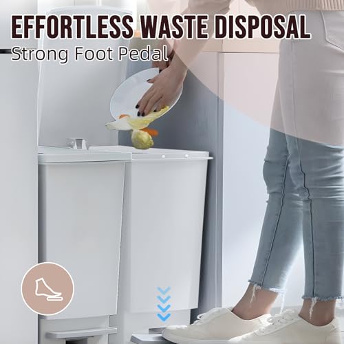 Image of 8 Gallon Trash Can With Lid and Foot Pedal, Plastic Slim Kitchen Step On Trash Can, Hands Free Recycling White Kitchen Garbage Can, Odor Block, 9 Inch Wide Trash Bin Fit For Narrow Space, 3Pack