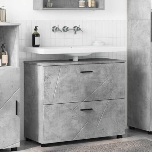 Zeehear Mueble de baño moderno gris hormigón 76,5 x 35 x 64 cm, de madera, de pie, con cajones, gran espacio de almacenamiento, para espacios contemporáneos