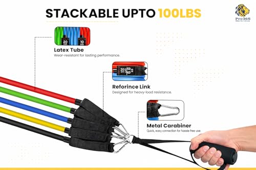 Image of PRO365 Premium Resistance Bands | Visible 100 Lbs Adjustable | Full Set | Thickened Door Anchor | Soft Cushioned Handles | Ankle Straps | Carry Bag | Instruction Manual | 6 Months Warranty