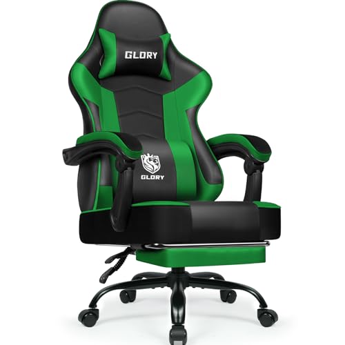 minnouat Gaming Stuhl, Bürostuhl Ergonomisch mit Teleskopische Fußstütze, Gaming Chair mit Kopfstütze und Lendenwirbelstütze, Verstellbarer und drehbarer Gaming Stuhl,150 kg,Grün