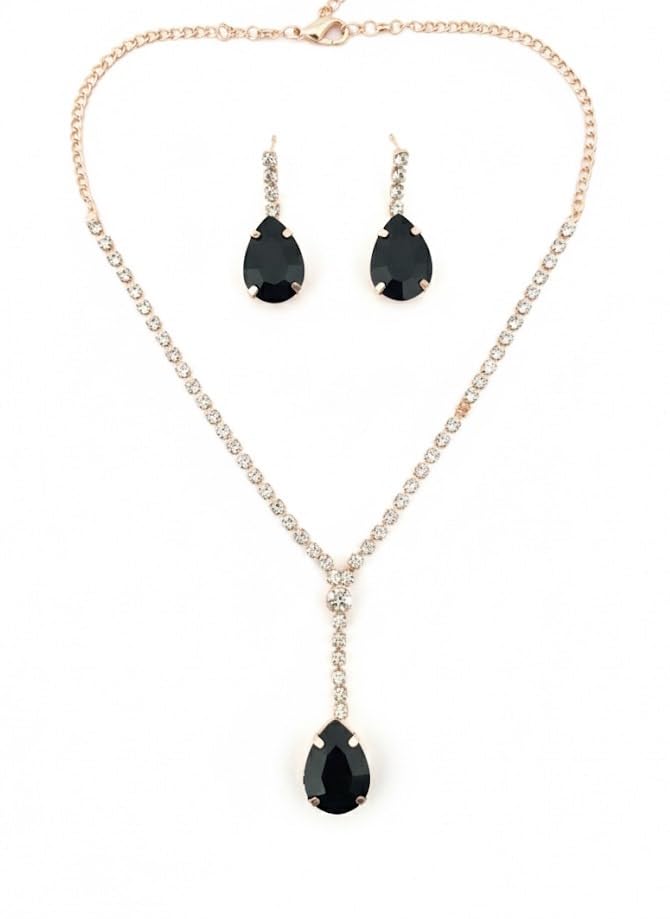 Elegant Crystal Necklace and Earrings Set, Rose Gold Chain with Black Teardrop Pendant, Rhinestone Y-Drop Design, Formal Jewelry