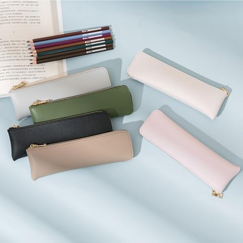 Image of Faux Leather Pencil Case Slim Pencil Pouch Durable Zipper Stationery Bag Small Travel Use(Pink /FL)