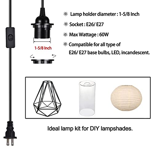 Hession 2-Pack 15 Feet Plug In Pendant Light, Black Extension Hanging Lantern Cord Cable With In-Line On/Off Switch, E26 E27 Socket #TOP5
