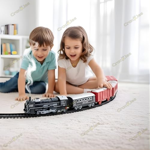 Image of Crackles Steam Engine Train Set for Kids - Light & Hindi Music Sound Classic Vintage Engine with Smoke Effect, Rechargeable Battery, Type-C Cable, Water Dropper & Tracks - Battery Operated Toy