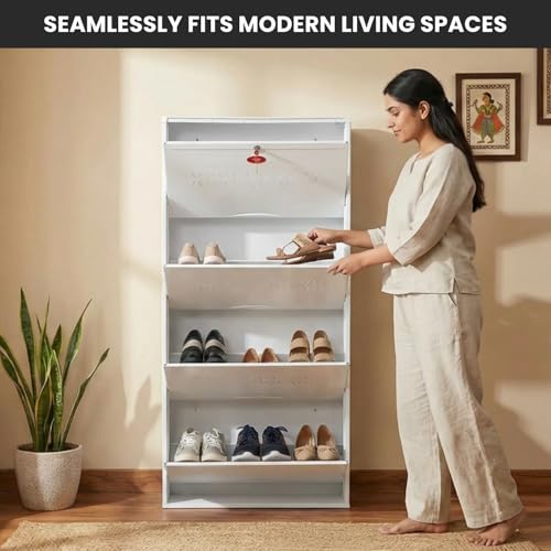 Image of Skywave Luxury Wall Mounted Metal Shoe Rack for Home - 4 Shelf, Holds Up to 25 Pairs | Central Locking Shoe Cabinet | Space Saving | Heavy Duty Steel | 3 Year Warranty(Ivory White, 26 Inches)