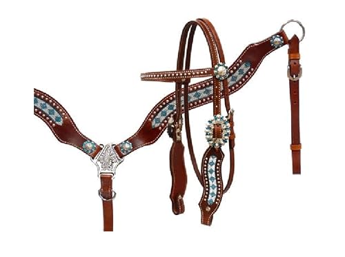 Saddle Fusion Western Leather Unisex Adult Western-Equestrian-Style Leather Headstall & Breast Collar Set Horse Draft Horse Headstall with Reins Equipmentss Handmade (Over)