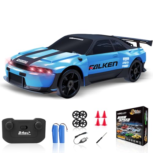YUAN PLAN 1/24 4WD RC Drift Car, 2.4GHz Remote Control Car with LED Light, High Speed Drift RC Car with Two Rechargeable Batteries and Drift Tires, RC Cars for Kids and Adults, Blue