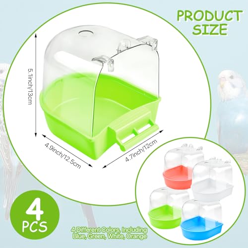 Supkiir 4Pcs Clear Bird Bath for Cage, Parakeet Bath Cage Accessories with Water Injectors, Hanging Bird Bath Box Parrot Bird Bathing Tub for Small Birds Cockatiel Conure Canary Budgies