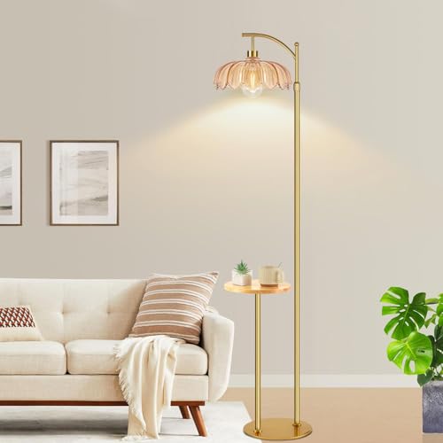 Image of QIYIZM Gold Floor Lamp with Table and Shelves for Living Room Bedroom,Glass Standing Lamp with Remote Dimmable,Boho Brass Tall Lamp Vintage Farmhouse Arc Flower Floor Light Bohemian