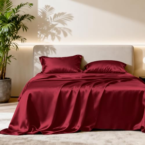 Image of Love's cabin Twin Satin Sheets Sets - 3 Piece Burgundy Silky Bed Sheets with Deep Pockets, Luxury Silk Feel Satin Twin Size Sheet Set Bedding Set (1 Flat Sheet,1 Fitted Sheet,1 Pillow case)