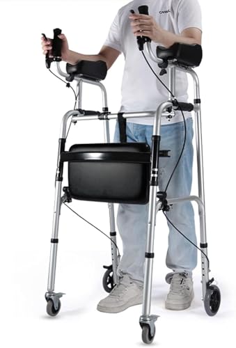 Disabled/Elderly Upright Walker with Forearm Support & Brakes & Seat, Foldable Aluminum Rollator Walker/Rolling Mobile Walking Aid