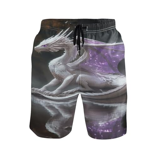 Purple White Dragon Men's Sportwear Swim Trunks Quick Dry Board Shorts with Lining S S0406274