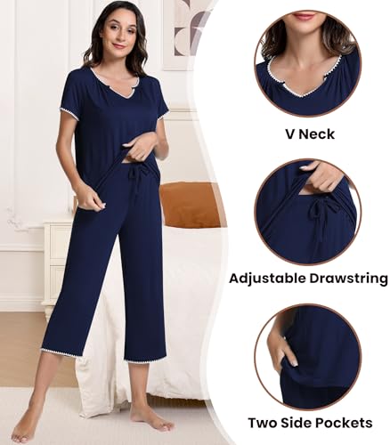 Image of NACHILA Bamboo Viscose Women's Pajamas Set Short Sleeve Pjs and Capri Pants