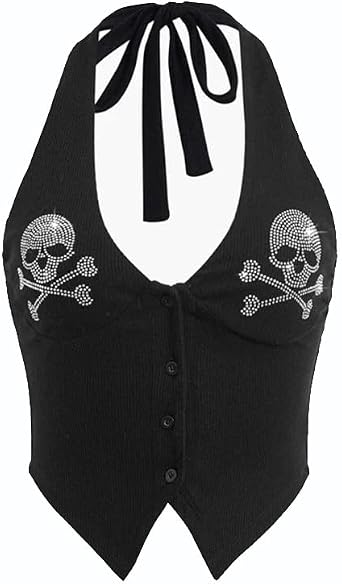 Fairy Grunge Skeleton Shirts Women Y2K Vintage Crop Tank Halter Top Goth Punk Ribbed Knitted Baby Tees Streetwear